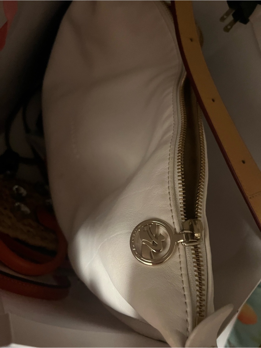 White Crescent Shoulder Bag with Tan Strap - Picture 3 of 11